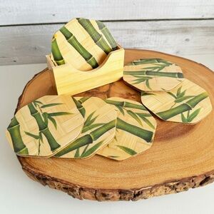 Bamboo Coasters Set with Holder - Green and Tan